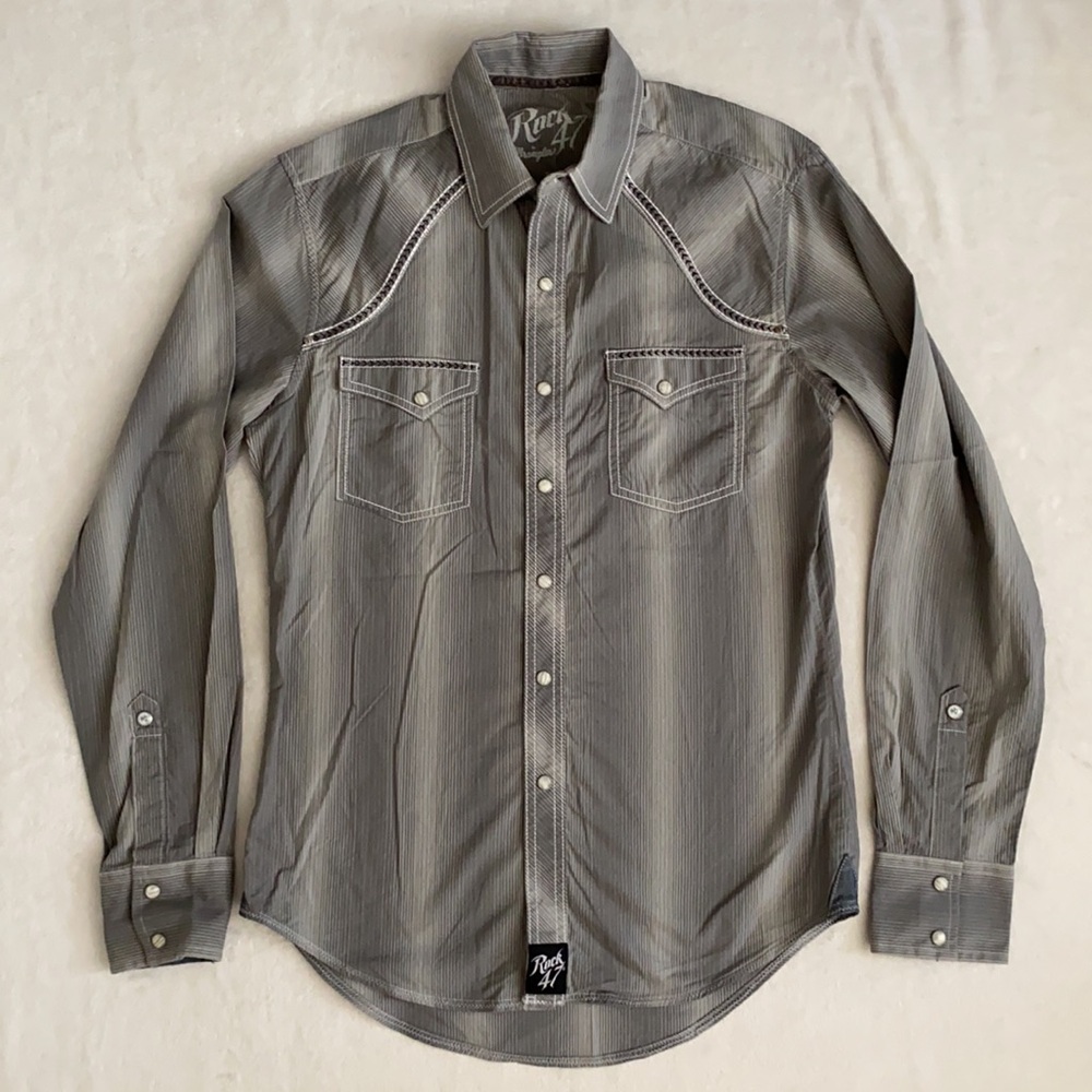Rock 47 x Wrangler | Cotton Poplin Stripe Long Sleeve Western Pearl Snap Shirt S - Picture 1 of 16
